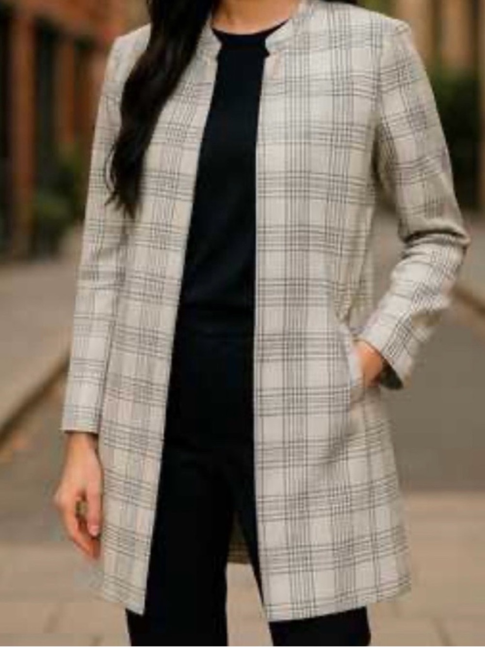Carolina Belle Cream Plaid Collarless Longline Trench Coat
